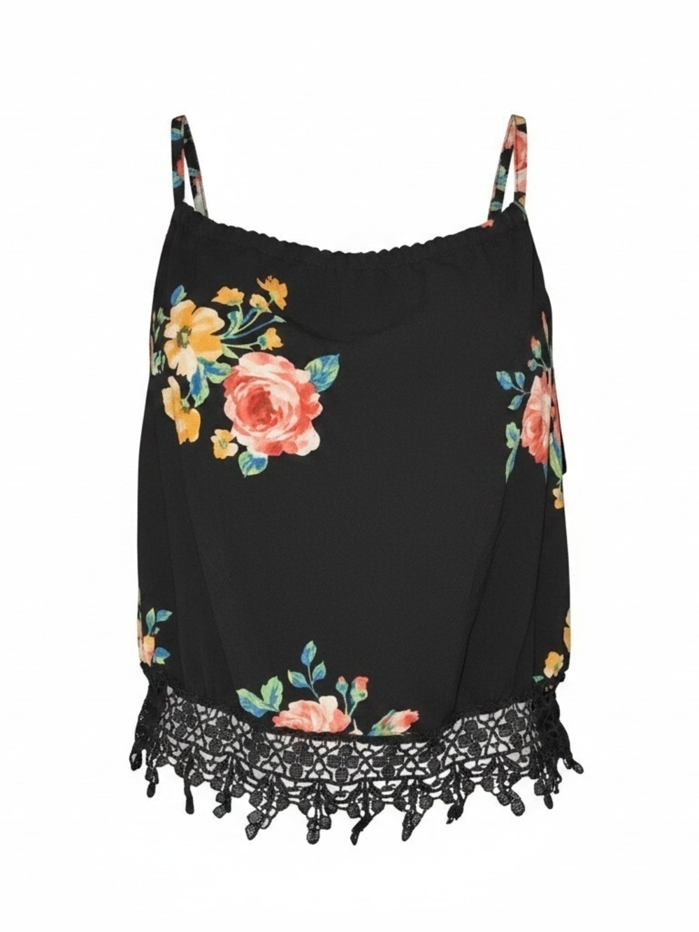 Poetry Black Floral Crochet-Hem Cami with Pink & Yellow Blooms Size S
